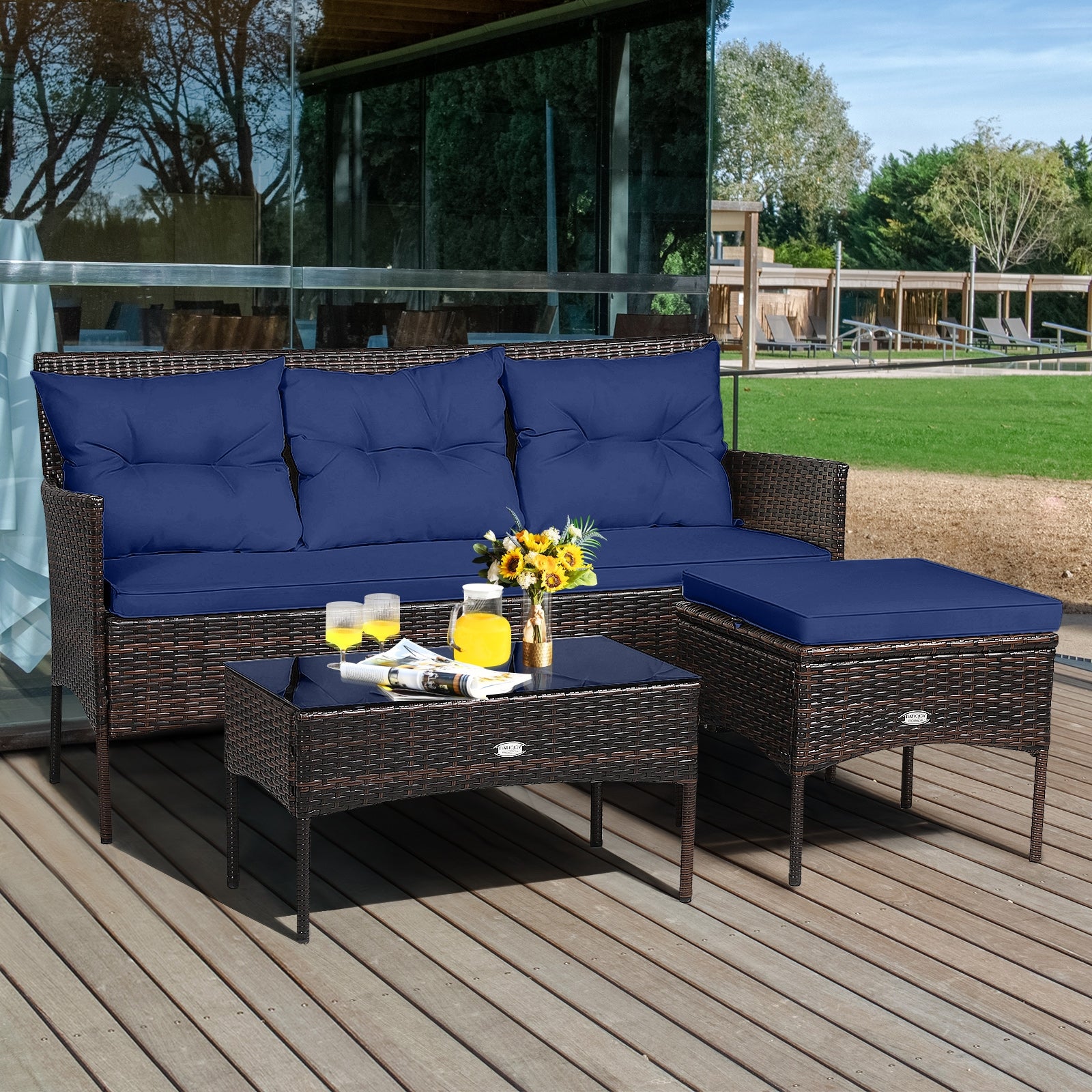 3 Pieces Patio Furniture Sectional Set with 5 Cozy Cushions, Navy Patio Conversation Sets   at Gallery Canada