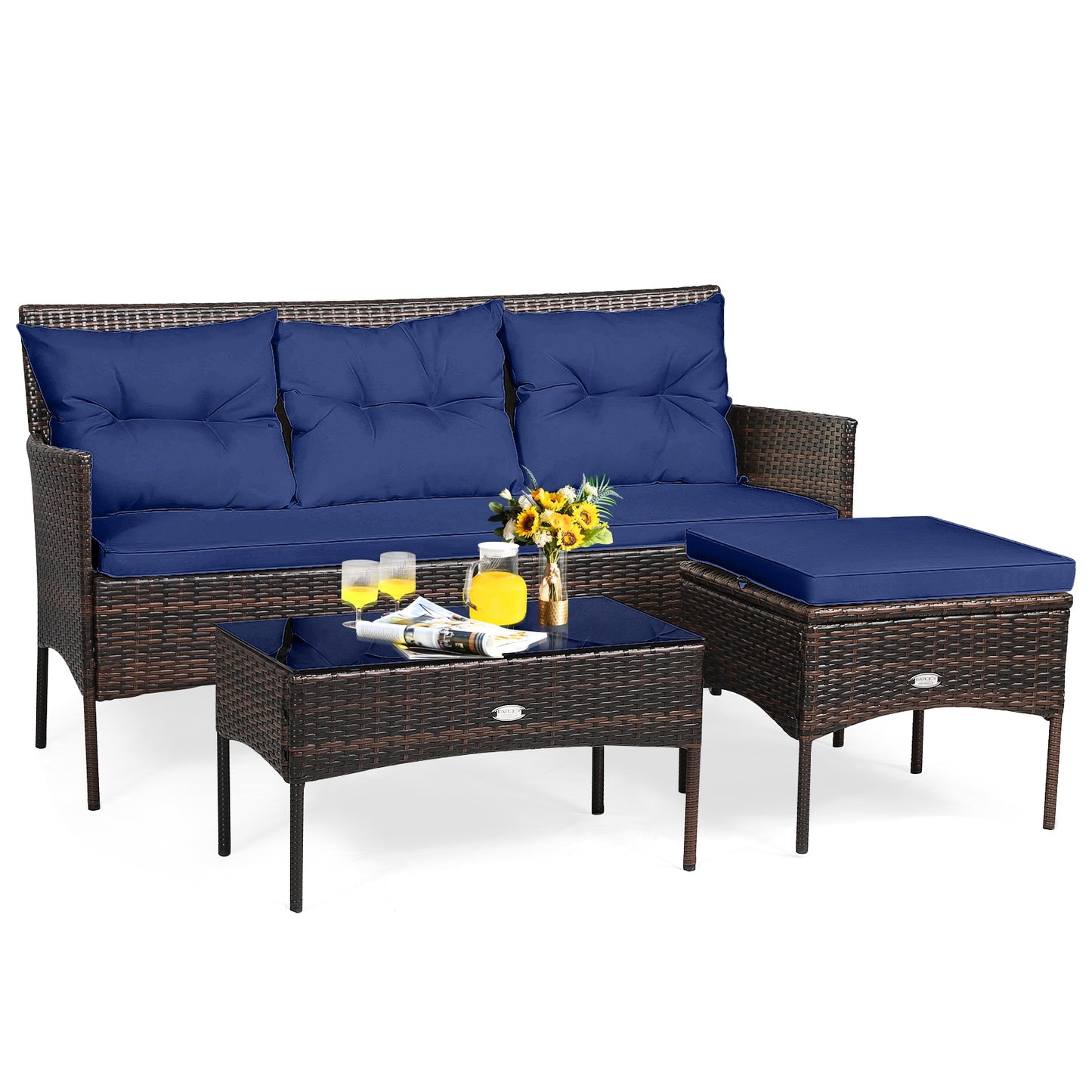 3 Pieces Patio Furniture Sectional Set with 5 Cozy Cushions, Navy Patio Conversation Sets   at Gallery Canada