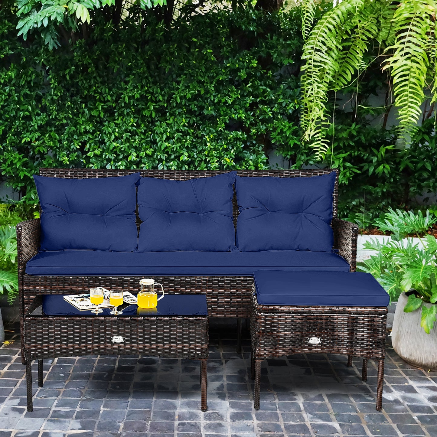 3 Pieces Patio Furniture Sectional Set with 5 Cozy Cushions, Navy Patio Conversation Sets   at Gallery Canada