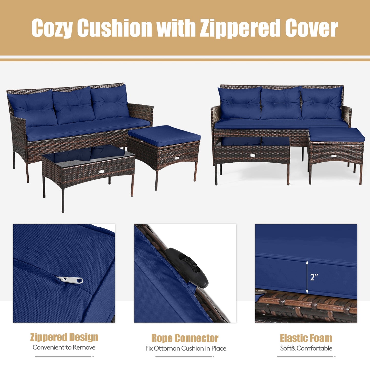 3 Pieces Patio Furniture Sectional Set with 5 Cozy Cushions, Navy Patio Conversation Sets   at Gallery Canada