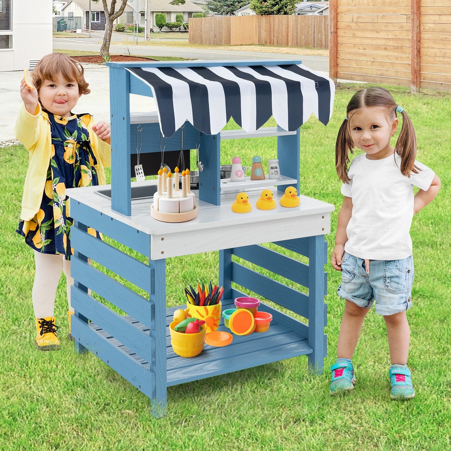 Double-sided Wooden Play Kitchen and Grocery Stand with Stoves for Kids 3+ Years Old, Blue Play Kitchen Sets   at Gallery Canada