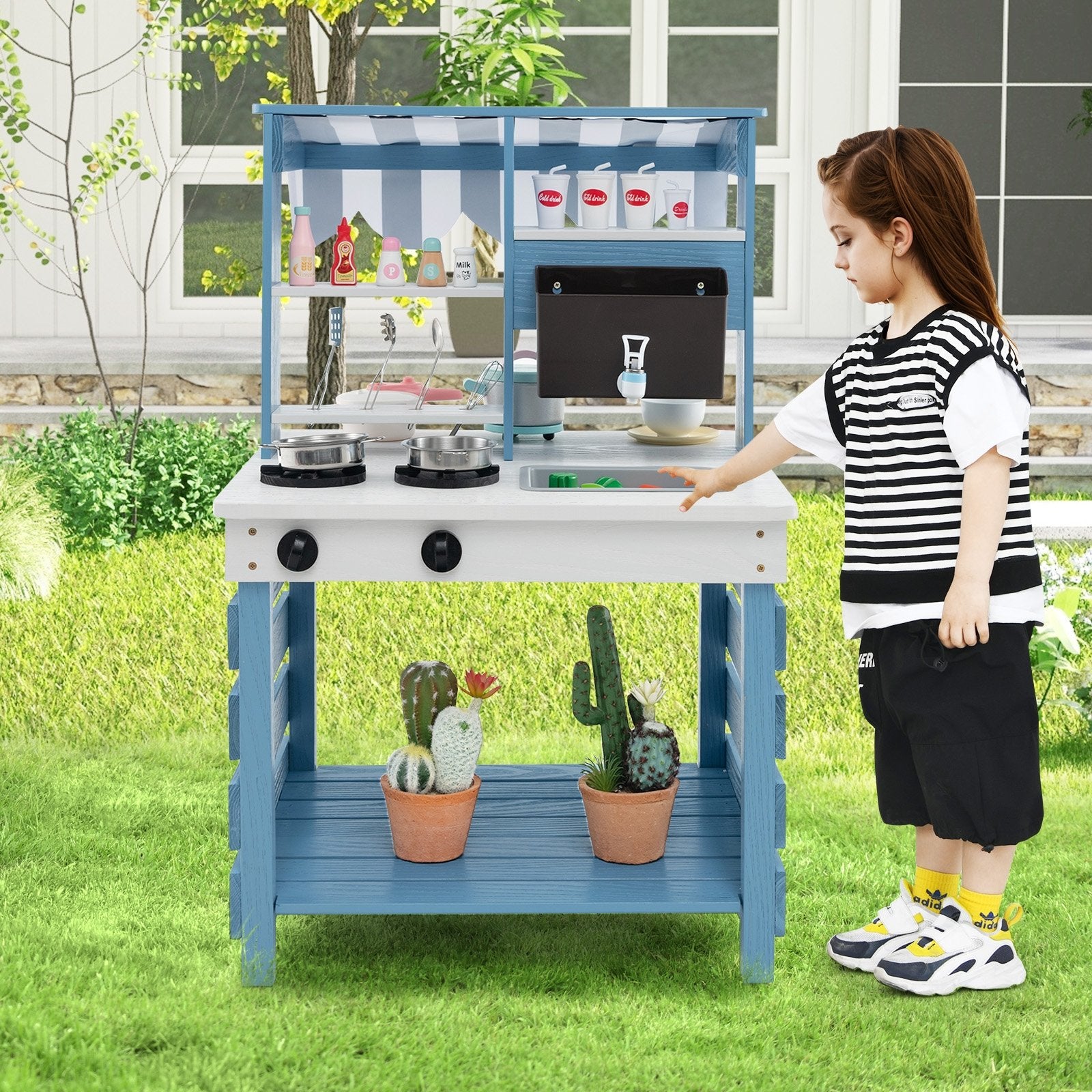 Double-sided Wooden Play Kitchen and Grocery Stand with Stoves for Kids 3+ Years Old, Blue Play Kitchen Sets   at Gallery Canada