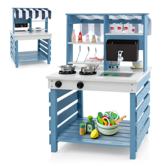 Double-sided Wooden Play Kitchen and Grocery Stand with Stoves for Kids 3+ Years Old, Blue Play Kitchen Sets Blue  at Gallery Canada