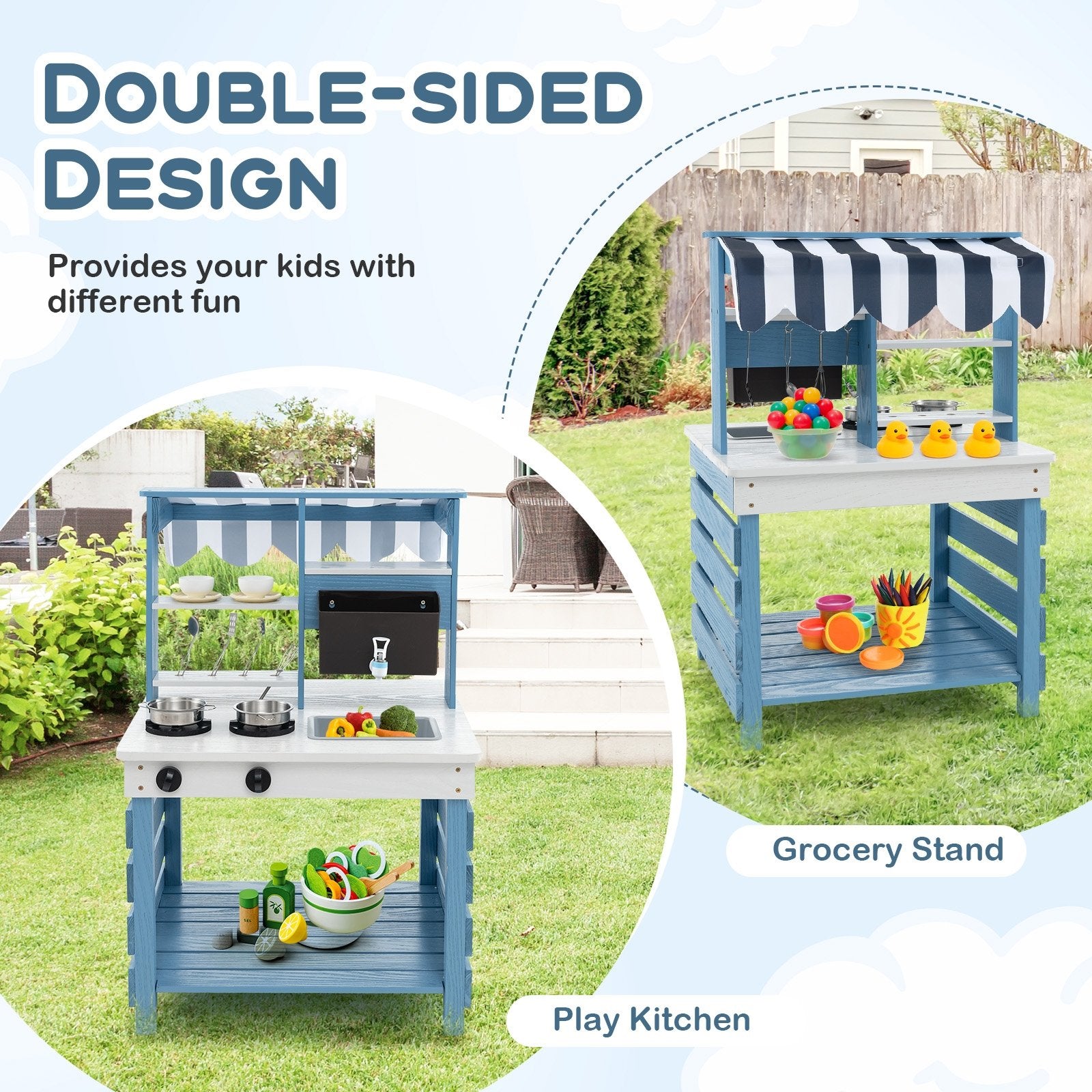 Double-sided Wooden Play Kitchen and Grocery Stand with Stoves for Kids 3+ Years Old, Blue Play Kitchen Sets   at Gallery Canada