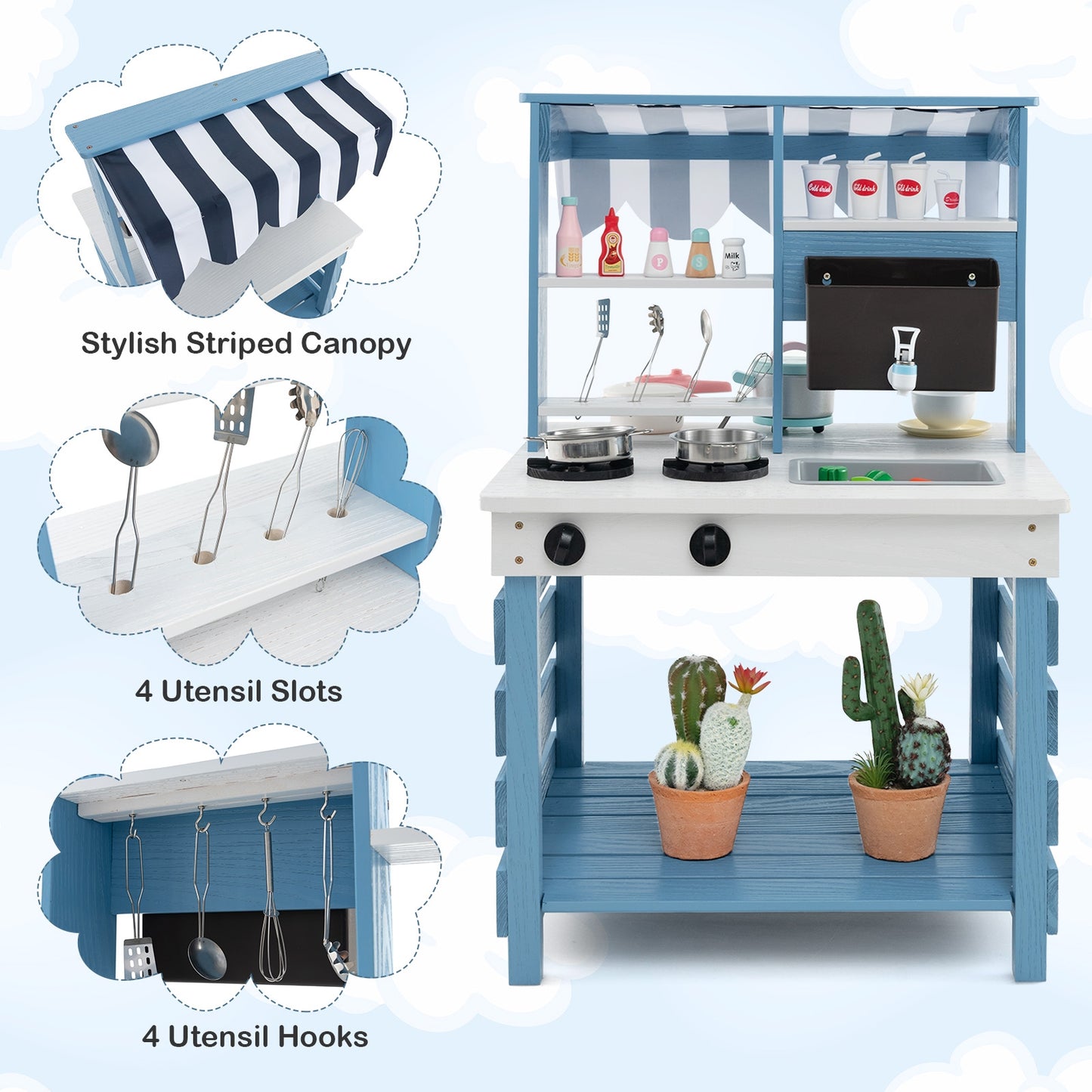 Double-sided Wooden Play Kitchen and Grocery Stand with Stoves for Kids 3+ Years Old, Blue Play Kitchen Sets   at Gallery Canada