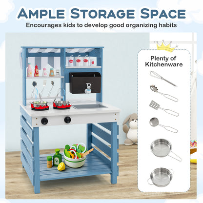 Double-sided Wooden Play Kitchen and Grocery Stand with Stoves for Kids 3+ Years Old, Blue Play Kitchen Sets   at Gallery Canada