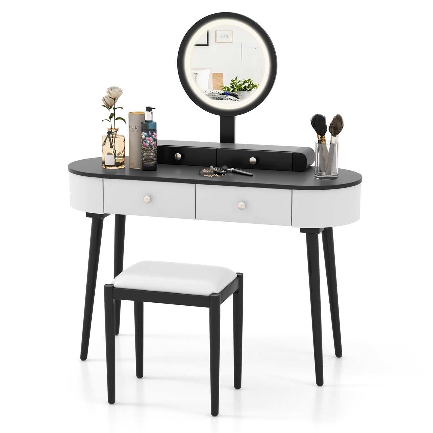 Makeup Vanity Table Set with LED Mirror and 3 Spacious Drawers-White-Dark Wood, White-Dark Wood Makeup Vanities   at Gallery Canada