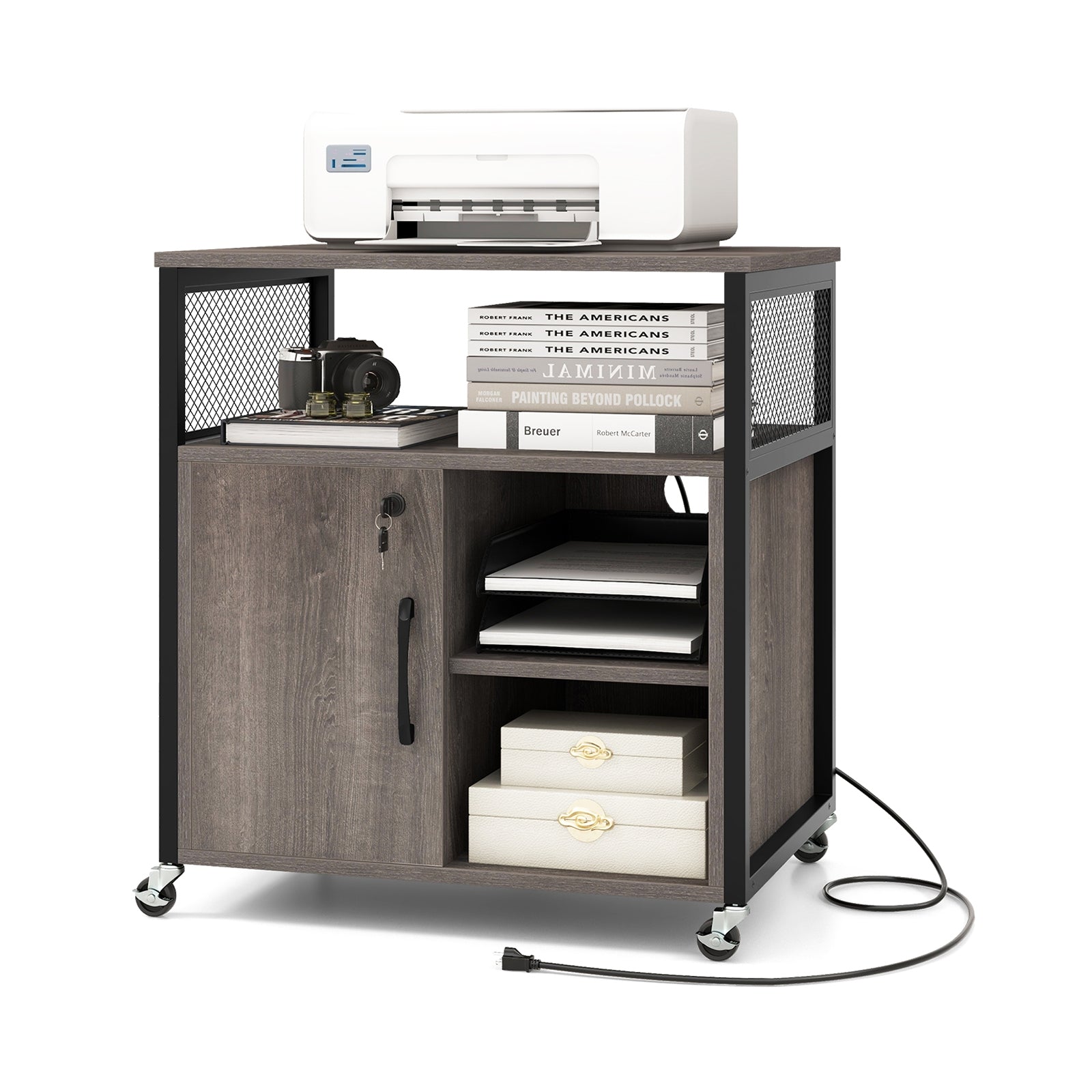 File Cabinet on Wheels with Charging Station and Cable Management Hole, Gray File Cabinets   at Gallery Canada