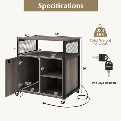 File Cabinet on Wheels with Charging Station and Cable Management Hole, Gray File Cabinets   at Gallery Canada