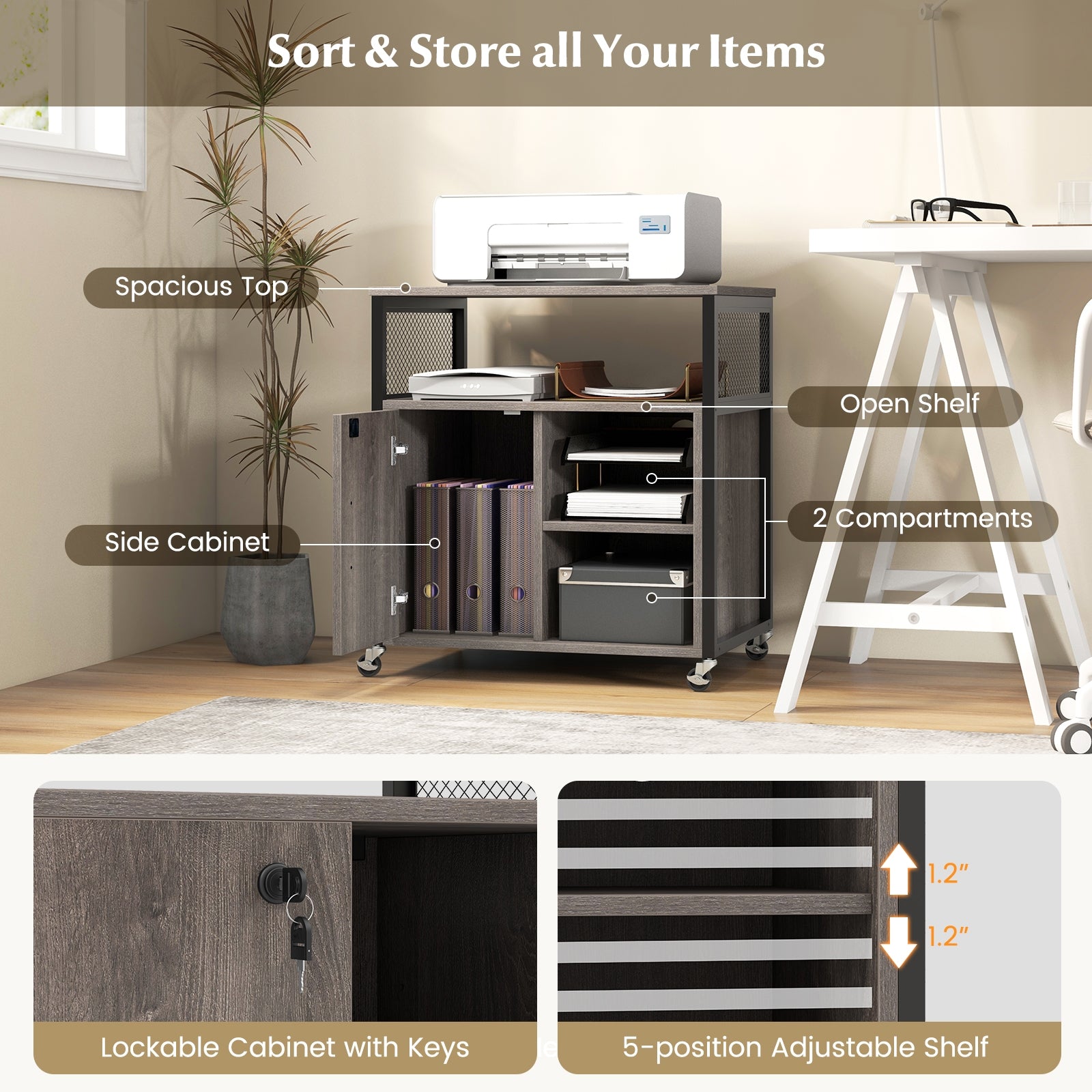 File Cabinet on Wheels with Charging Station and Cable Management Hole, Gray File Cabinets   at Gallery Canada