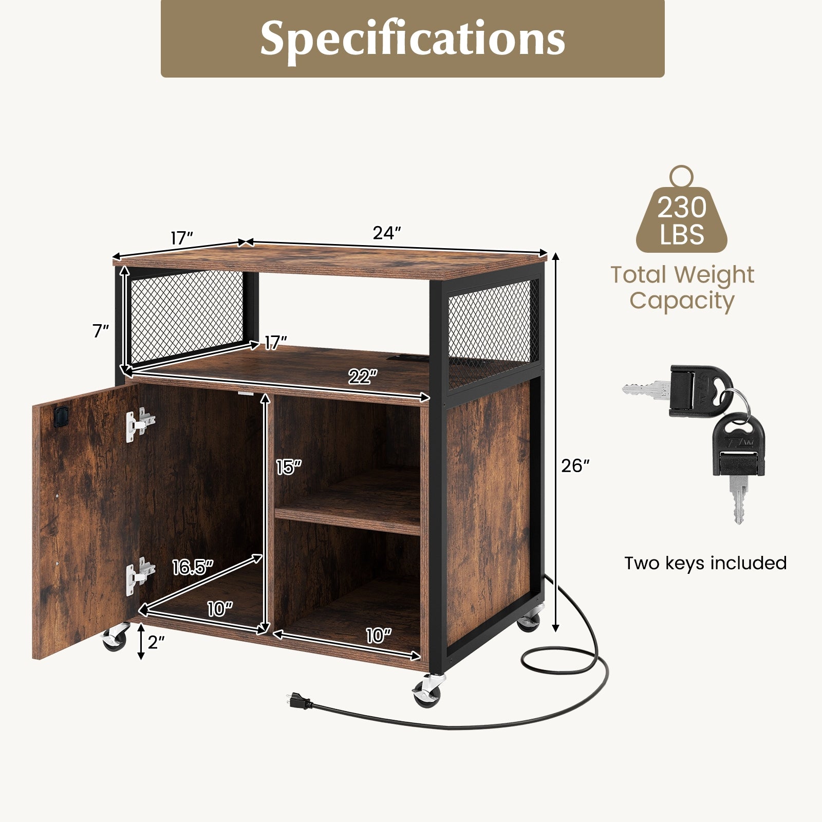 File Cabinet on Wheels with Charging Station and Cable Management Hole, Brown File Cabinets   at Gallery Canada