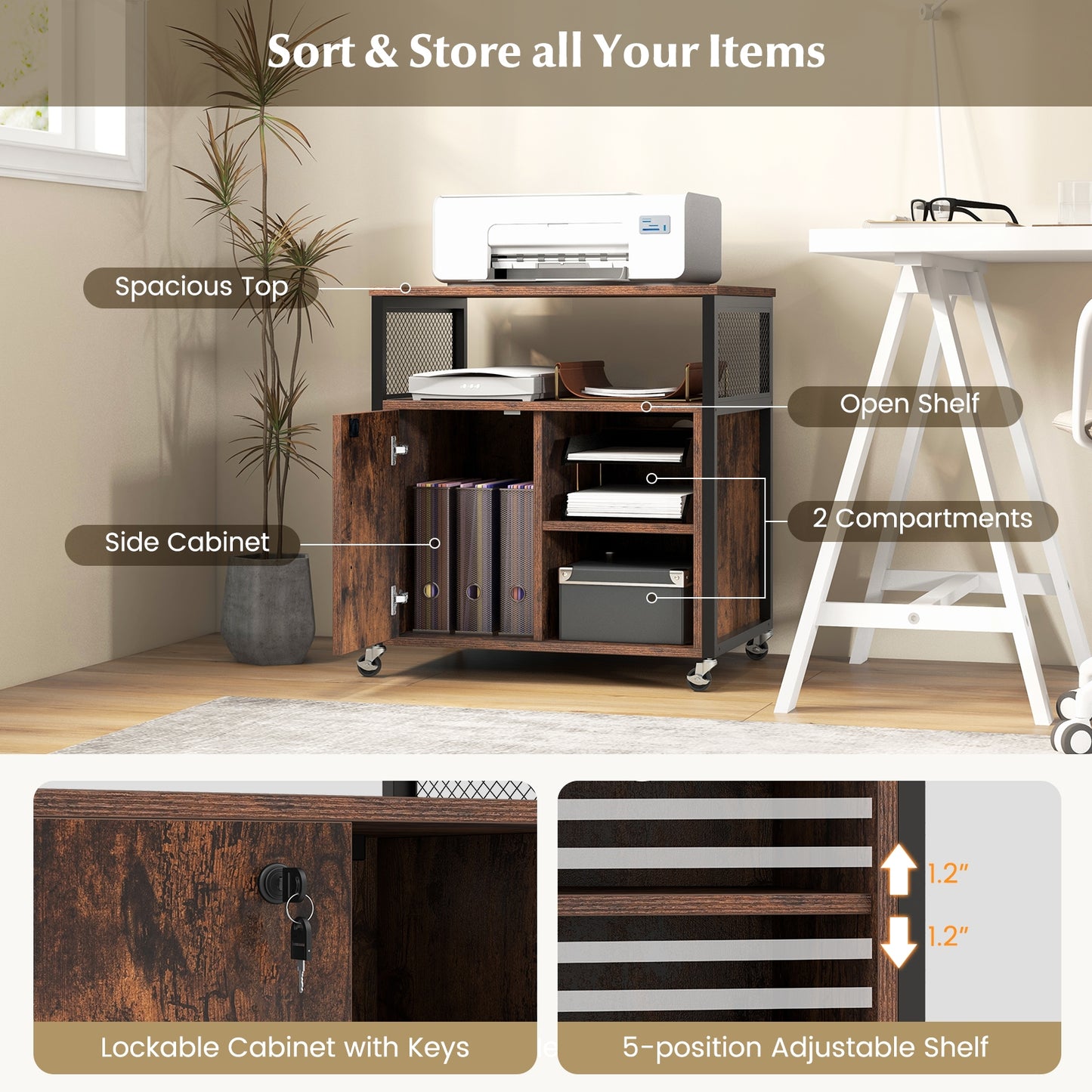 File Cabinet on Wheels with Charging Station and Cable Management Hole, Brown File Cabinets   at Gallery Canada