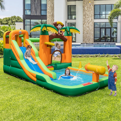 Monkey-Themed Inflatable Water Slide with Jumping Area and Pool with 680W Blower, Multicolor Bounce House   at Gallery Canada