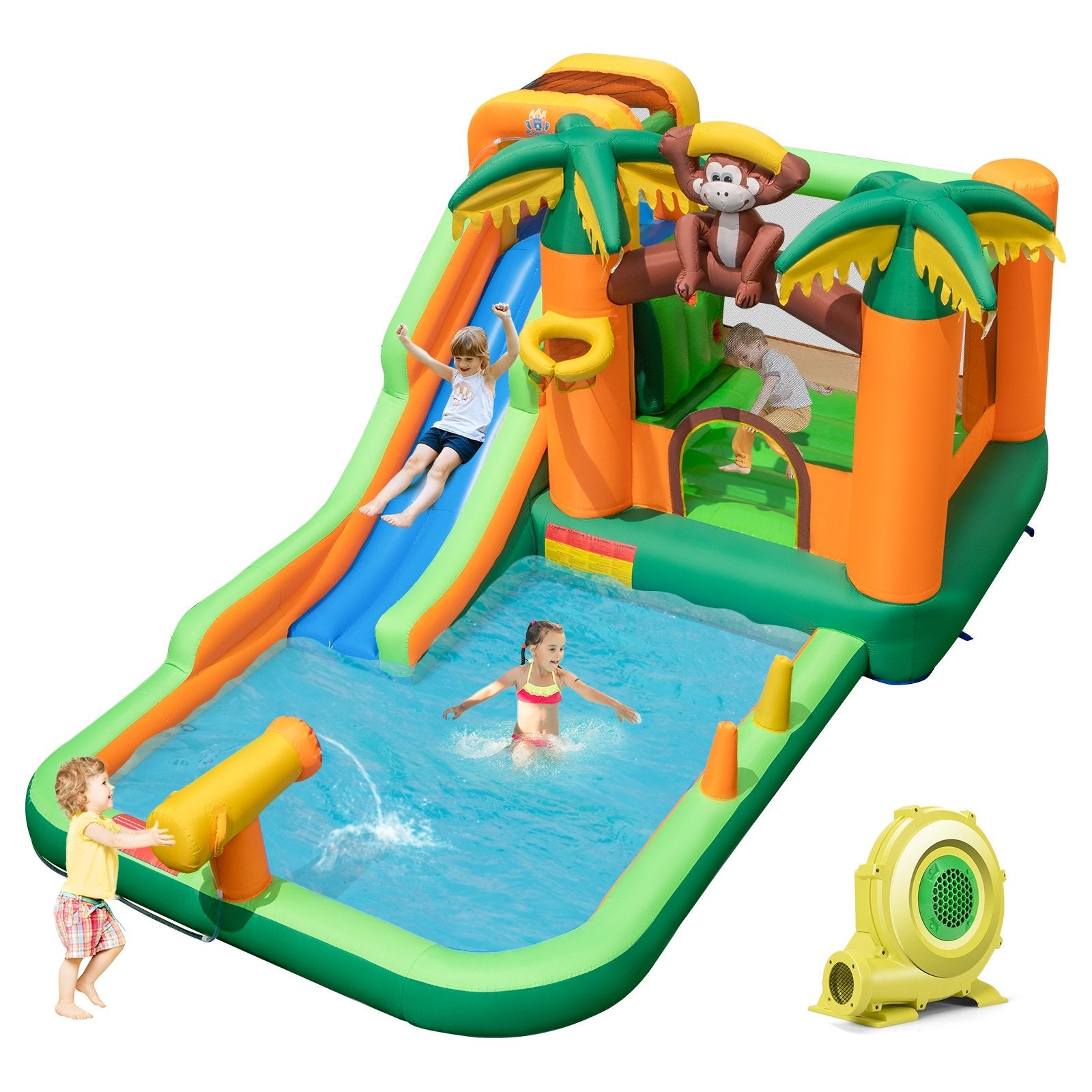 Monkey-Themed Inflatable Water Slide with Jumping Area and Pool with 680W Blower, Multicolor Bounce House Multicolor  at Gallery Canada