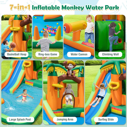 Monkey-Themed Inflatable Water Slide with Jumping Area and Pool with 680W Blower, Multicolor Bounce House   at Gallery Canada