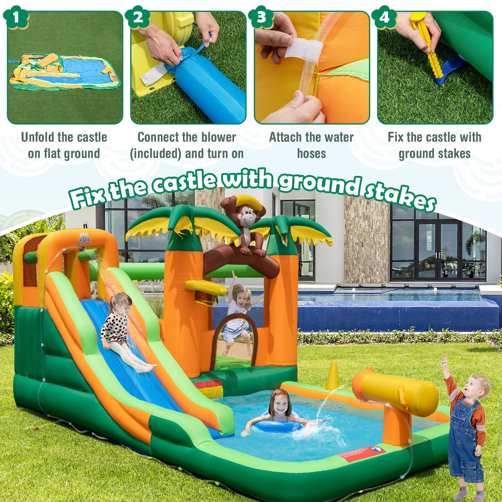 Monkey-Themed Inflatable Water Slide with Jumping Area and Pool with 680W Blower, Multicolor Bounce House   at Gallery Canada