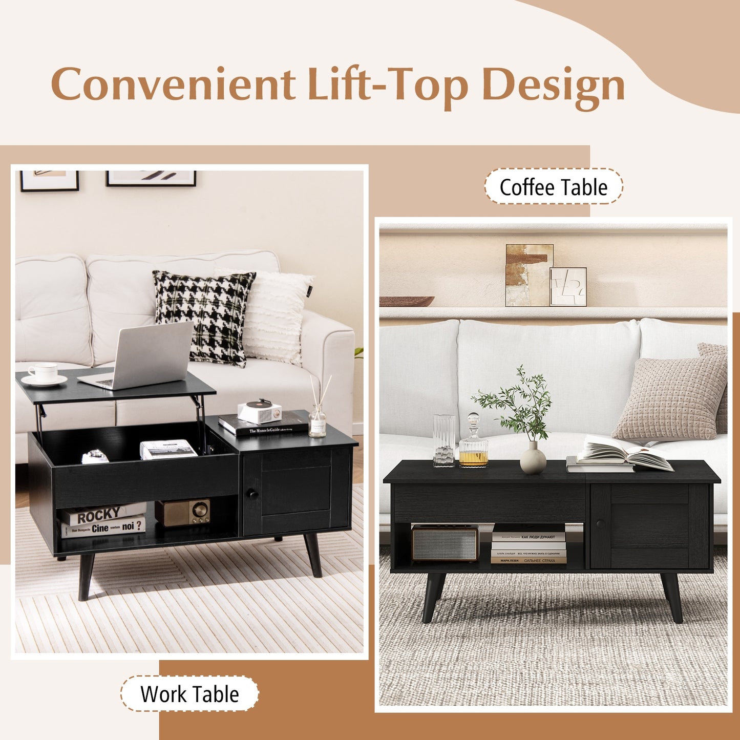 Lift Top Coffee Table with Storage and Hidden Compartment, Black Coffee Tables   at Gallery Canada