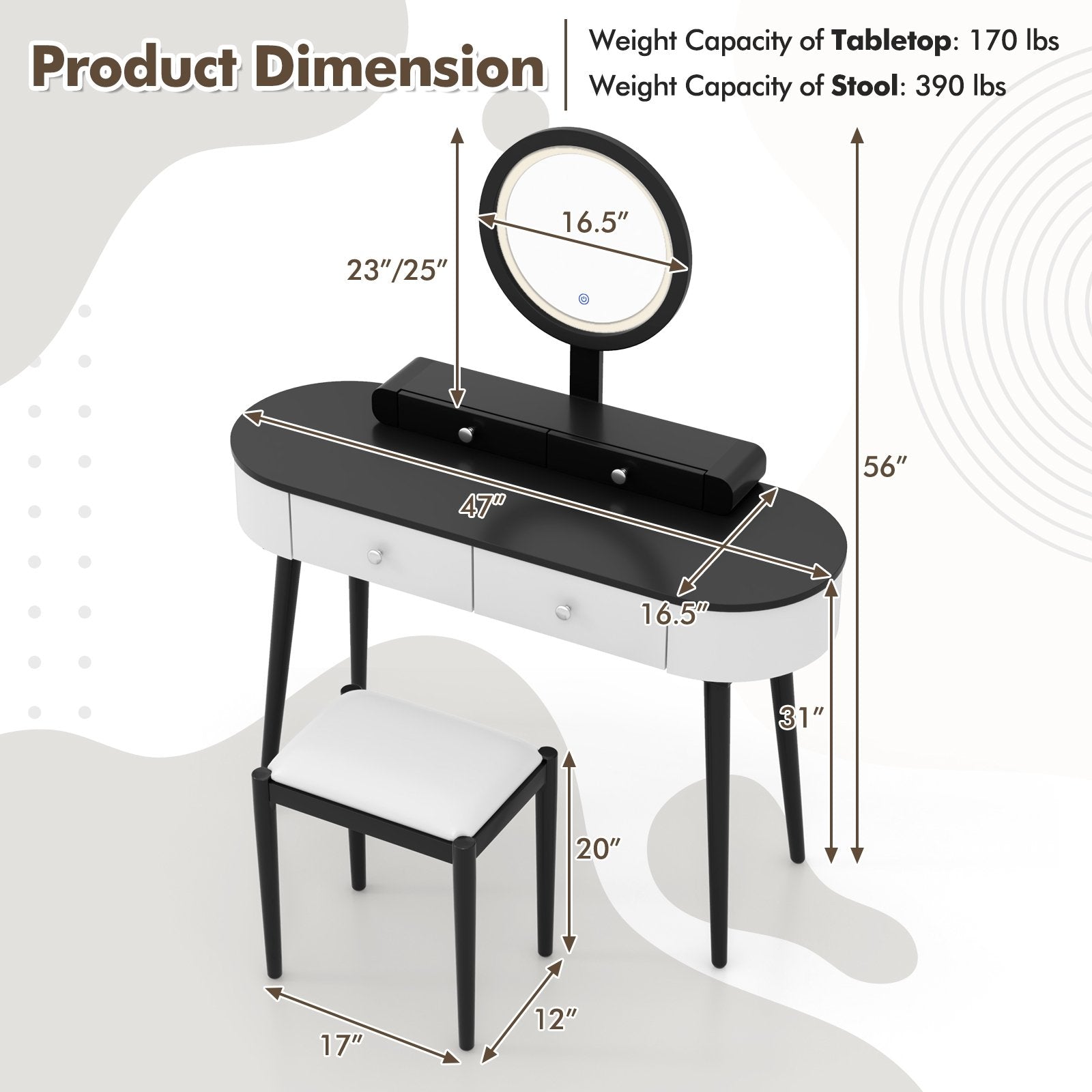 Makeup Vanity Table Set with LED Mirror and 3 Spacious Drawers-White-Dark Wood, White-Dark Wood Makeup Vanities   at Gallery Canada