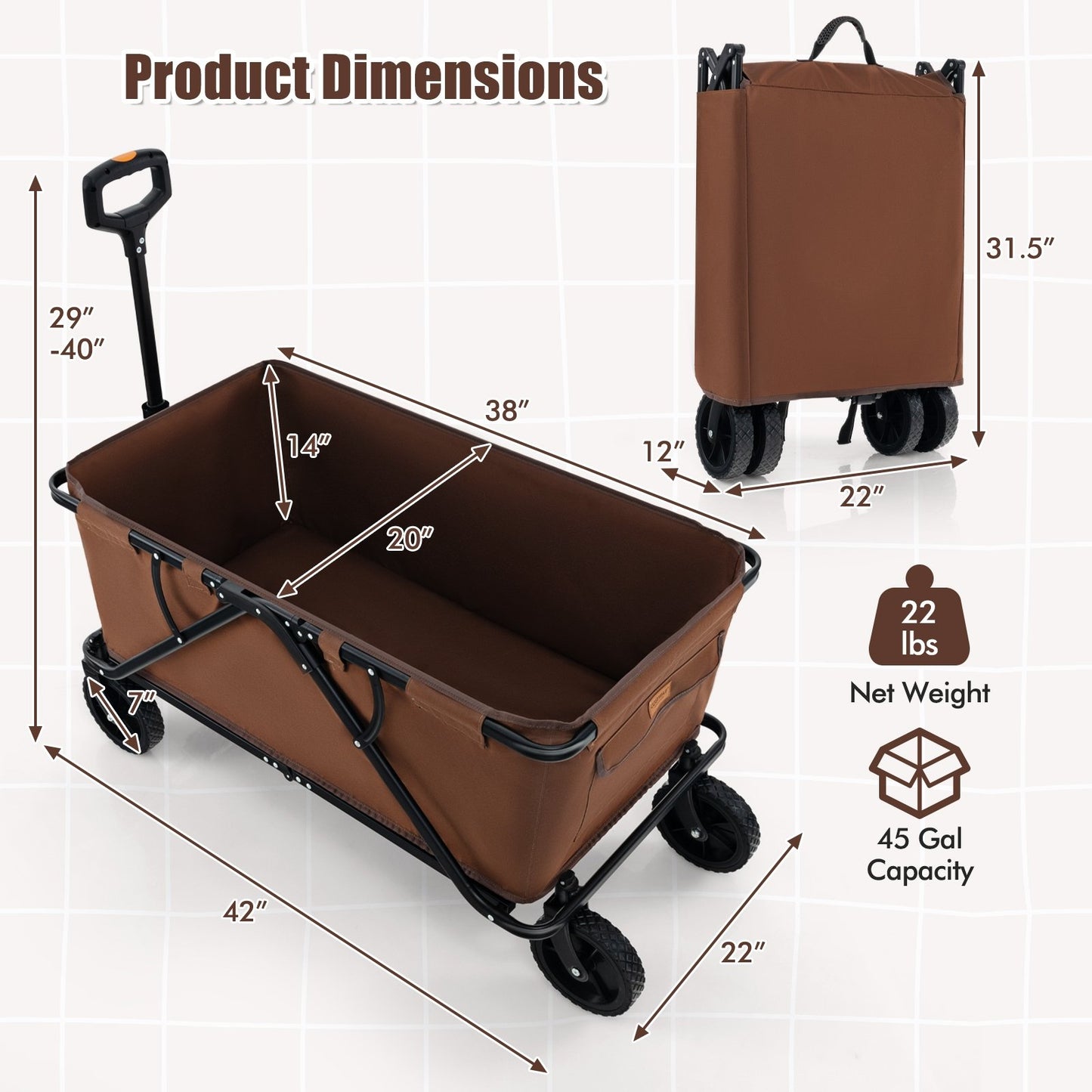 Collapsible Folding Wagon Cart with Adjustable Handlebar, Coffee Garden Carts   at Gallery Canada