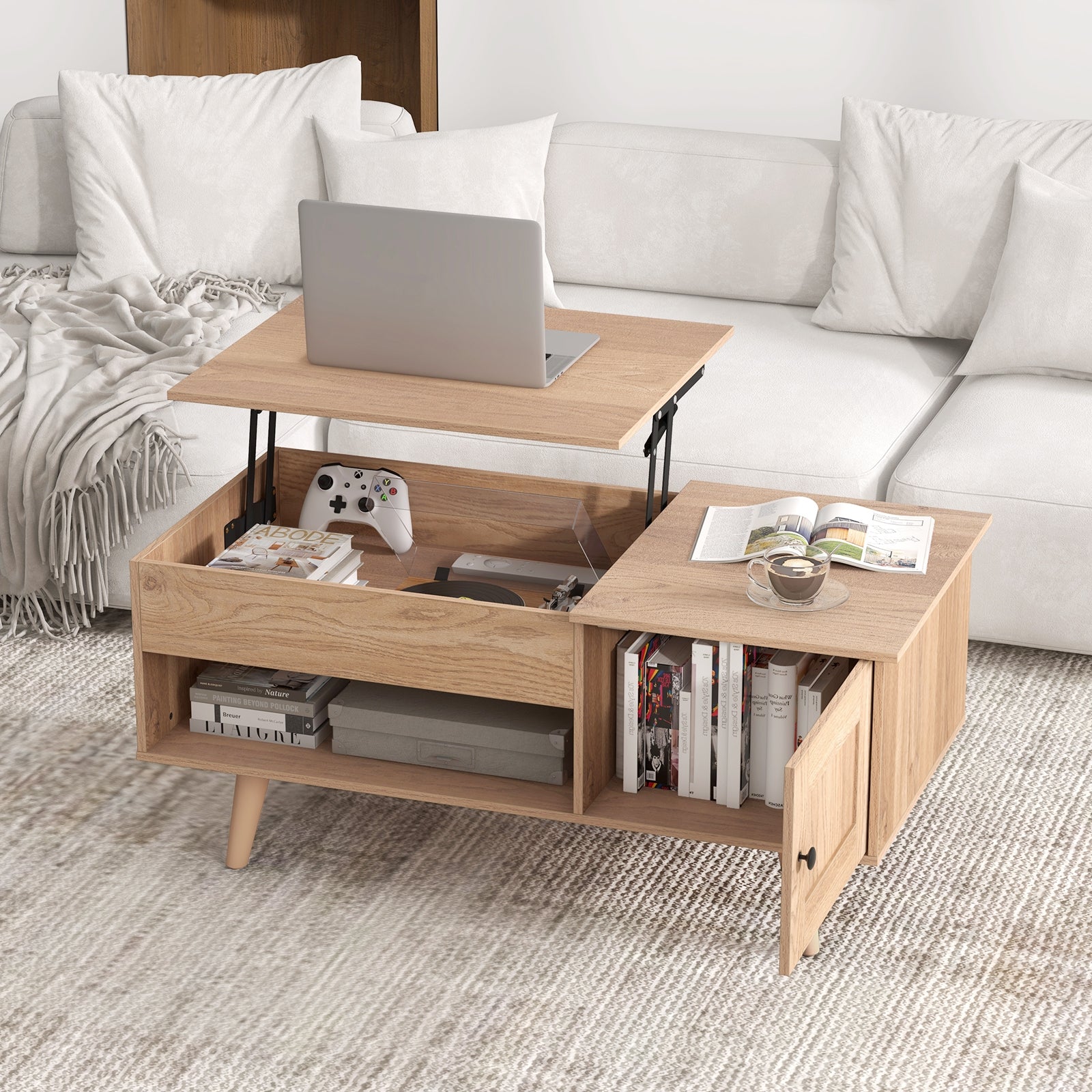 Lift Top Coffee Table with Storage and Hidden Compartment, Natural Coffee Tables   at Gallery Canada