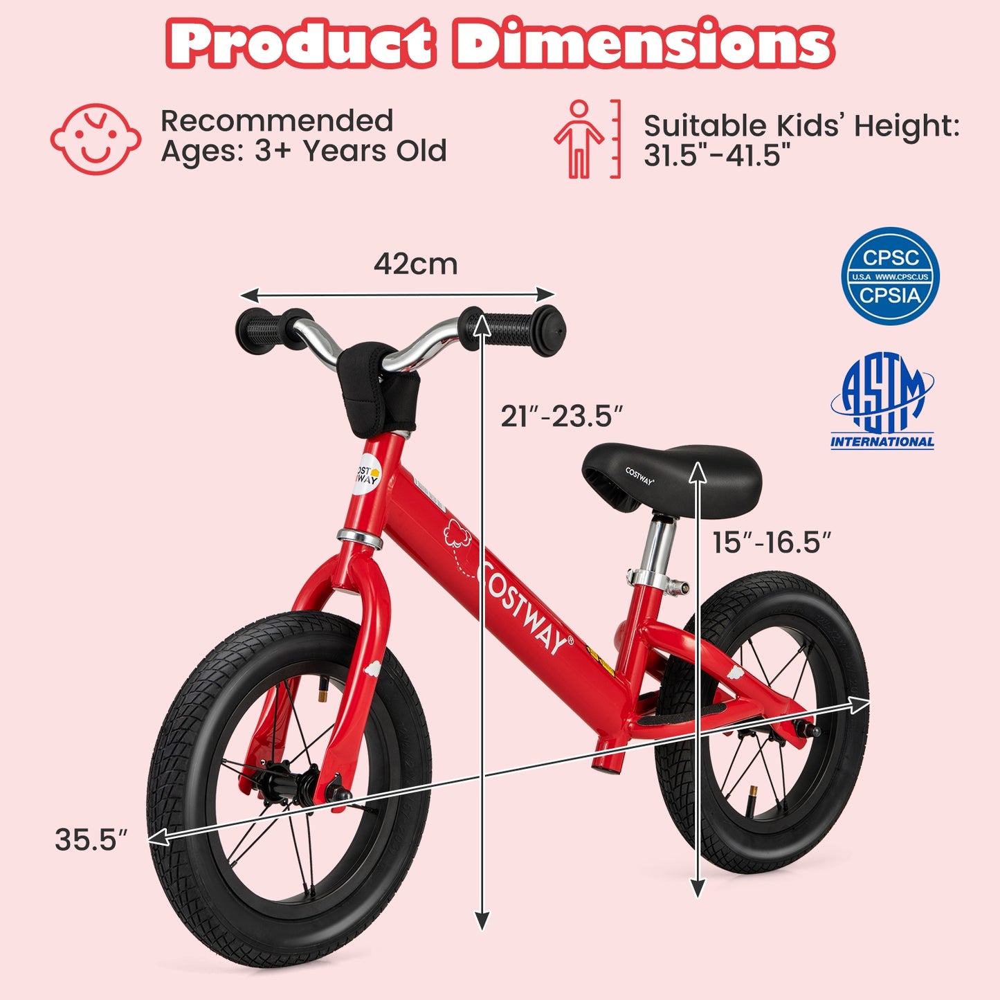 12 Inch Toddler Balance Bike with Height Adjustable Handlebar and Seat, Red Kids Bike   at Gallery Canada