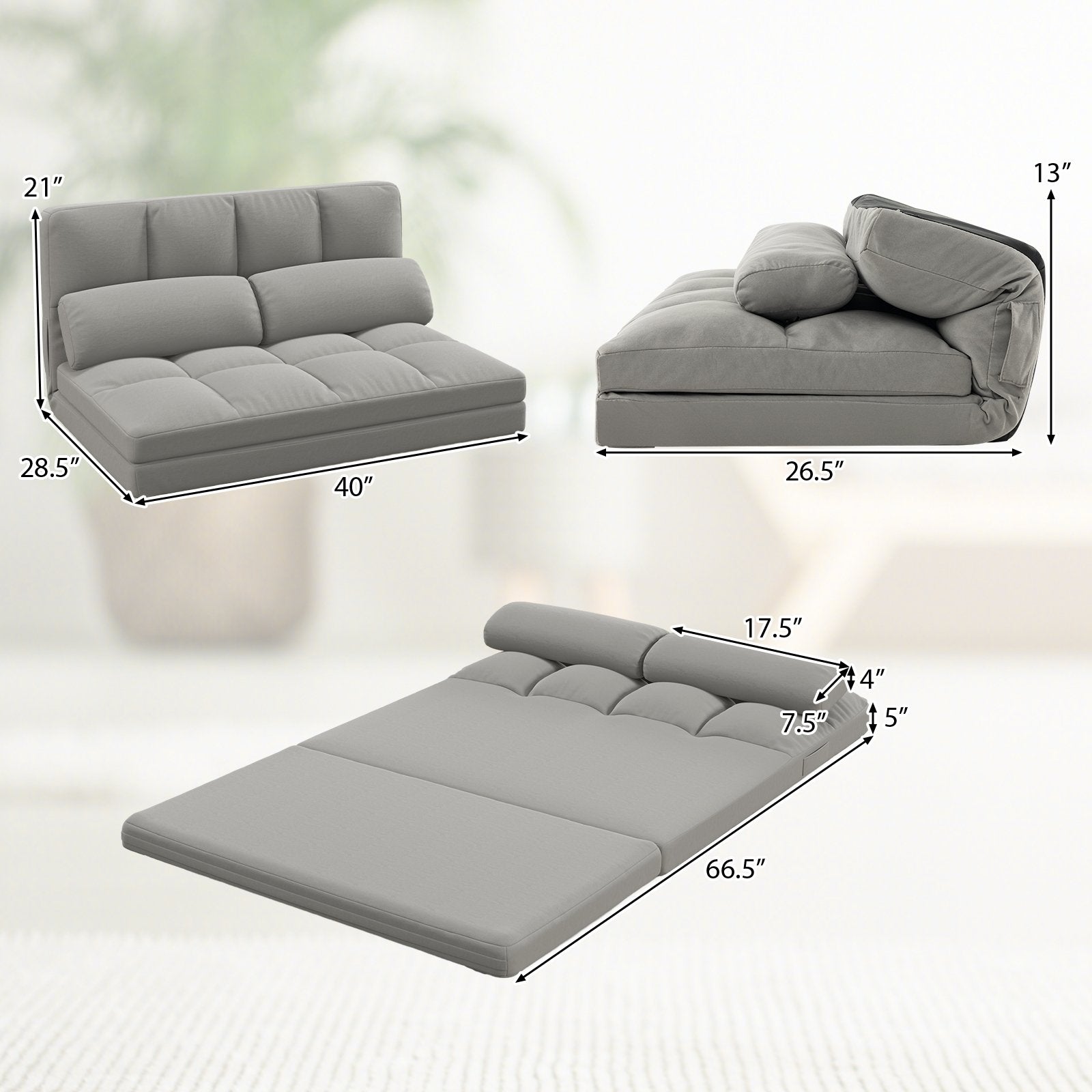 Floor Sofa Bed with 6 Positions Adjustable Backrest  Skin-friendly Velvet Cover, Light Gray Floor Chairs   at Gallery Canada