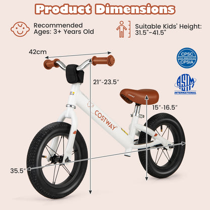 12 Inch Toddler Balance Bike with Height Adjustable Handlebar and Seat, White Kids Bike   at Gallery Canada