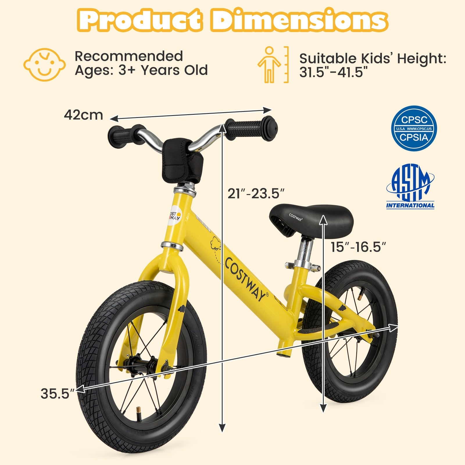 12 Inch Toddler Balance Bike with Height Adjustable Handlebar and Seat, Yellow Kids Bike   at Gallery Canada