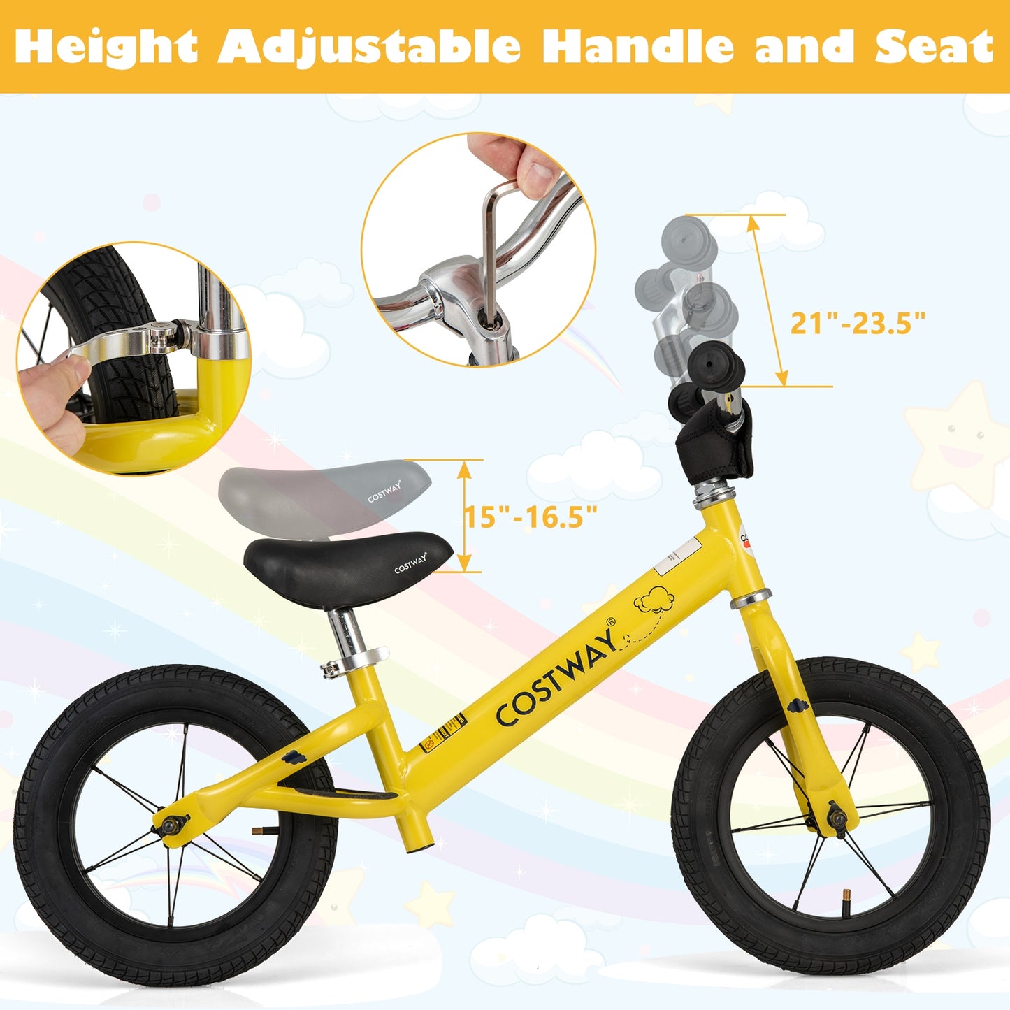 12 Inch Toddler Balance Bike with Height Adjustable Handlebar and Seat, Yellow Kids Bike   at Gallery Canada