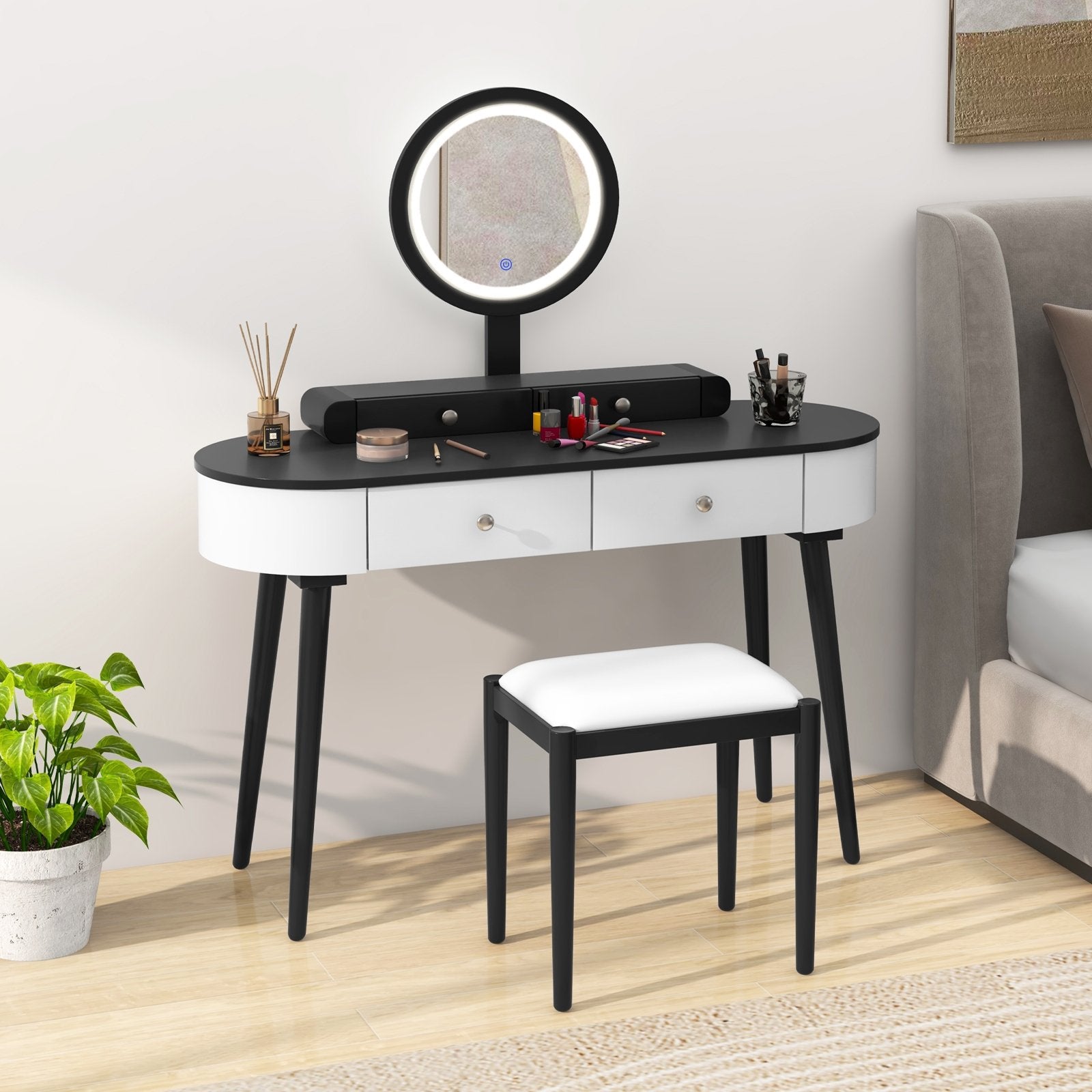 Makeup Vanity Table Set with LED Mirror and 3 Spacious Drawers-White-Dark Wood, White-Dark Wood Makeup Vanities   at Gallery Canada