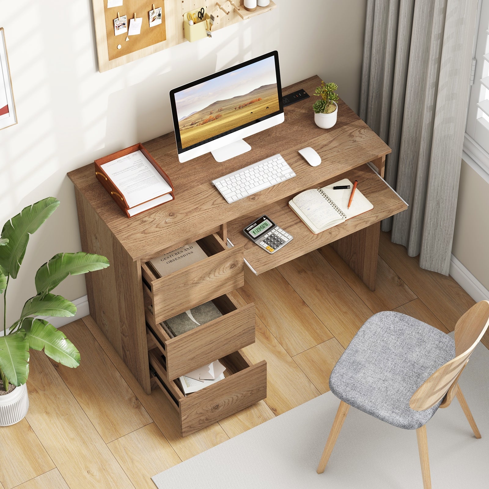 Computer Desk with Power Outlet Keyboard Tray and 3 Large Drawers, Natural Computer Desks   at Gallery Canada