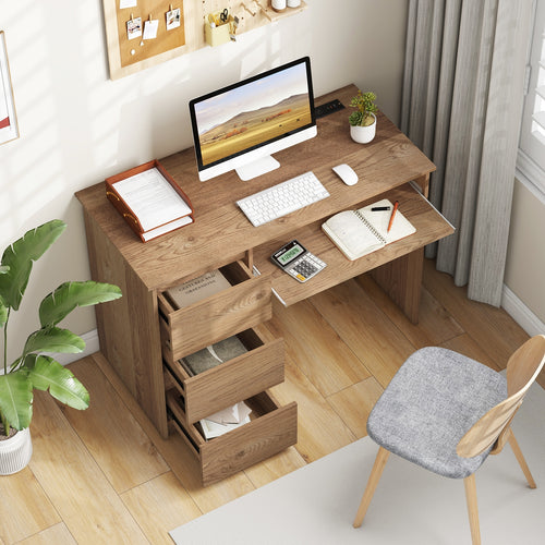 Computer Desk with Power Outlet Keyboard Tray and 3 Large Drawers, Natural