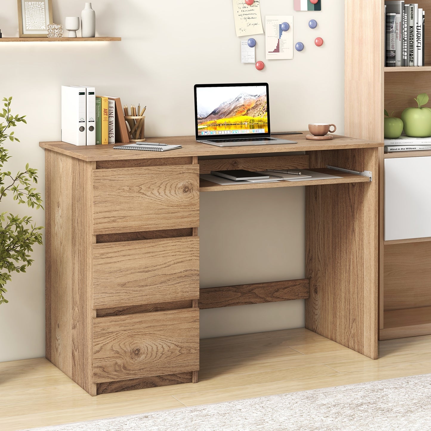 Computer Desk with Power Outlet Keyboard Tray and 3 Large Drawers, Natural Computer Desks   at Gallery Canada