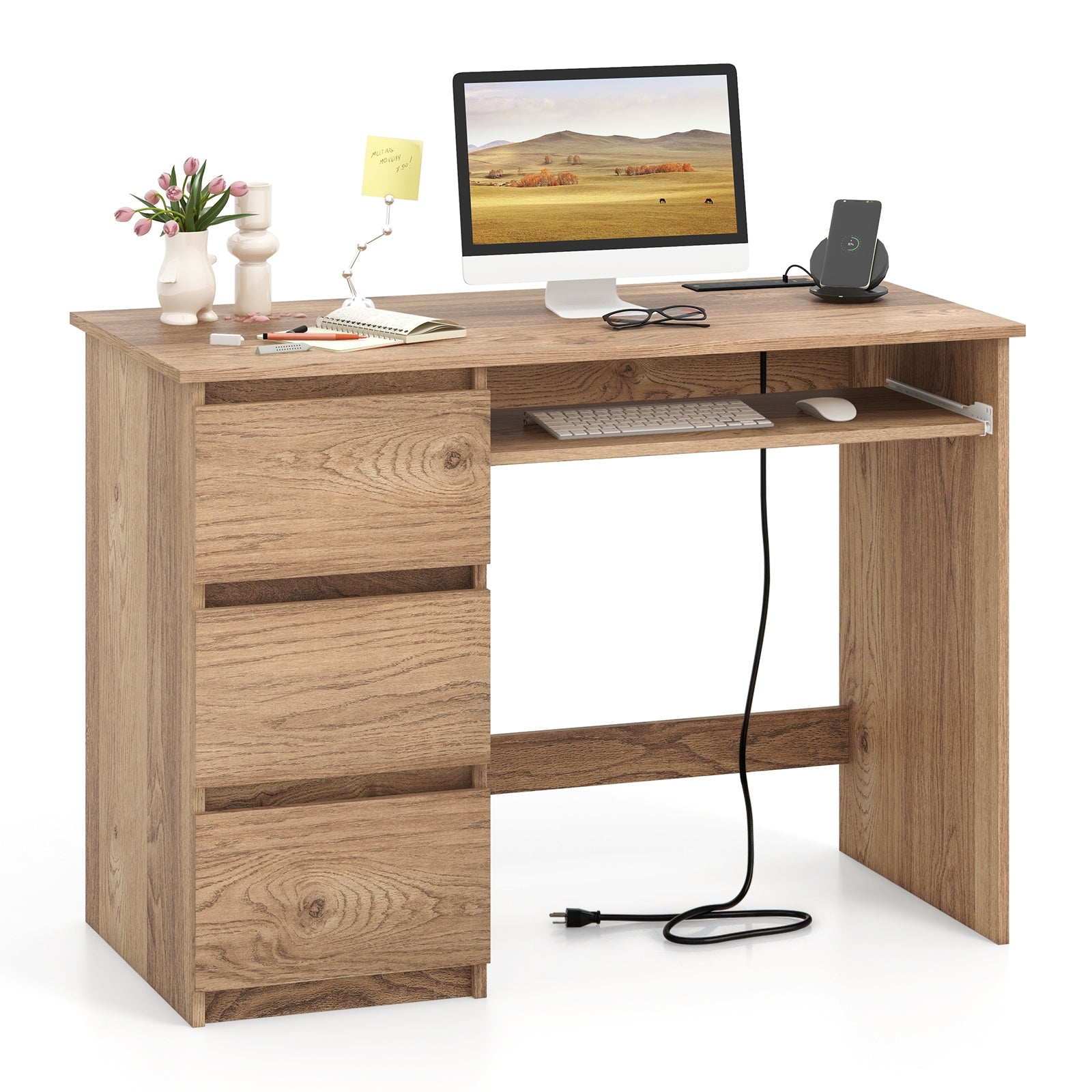 Computer Desk with Power Outlet Keyboard Tray and 3 Large Drawers, Natural Computer Desks Natural  at Gallery Canada