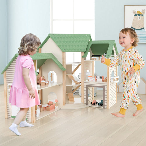 Wooden Corner Dollhouse Playset with 6 Rooms and 36 Pieces for Kids 3+ Years Old, Green