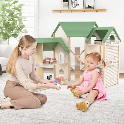 Wooden Corner Dollhouse Playset with 6 Rooms and 36 Pieces for Kids 3+ Years Old, Green Play Tents & Playhouse   at Gallery Canada