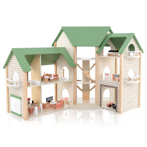 Wooden Corner Dollhouse Playset with 6 Rooms and 36 Pieces for Kids 3+ Years Old, Green