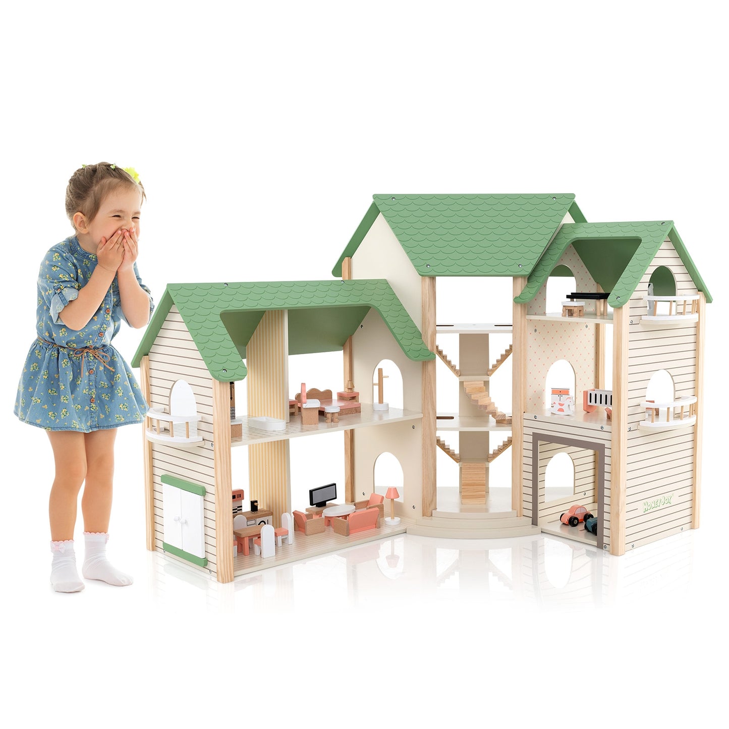 Wooden Corner Dollhouse Playset with 6 Rooms and 36 Pieces for Kids 3+ Years Old, Green Play Tents & Playhouse   at Gallery Canada