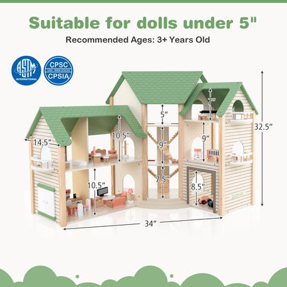 Wooden Corner Dollhouse Playset with 6 Rooms and 36 Pieces for Kids 3+ Years Old, Green Play Tents & Playhouse   at Gallery Canada