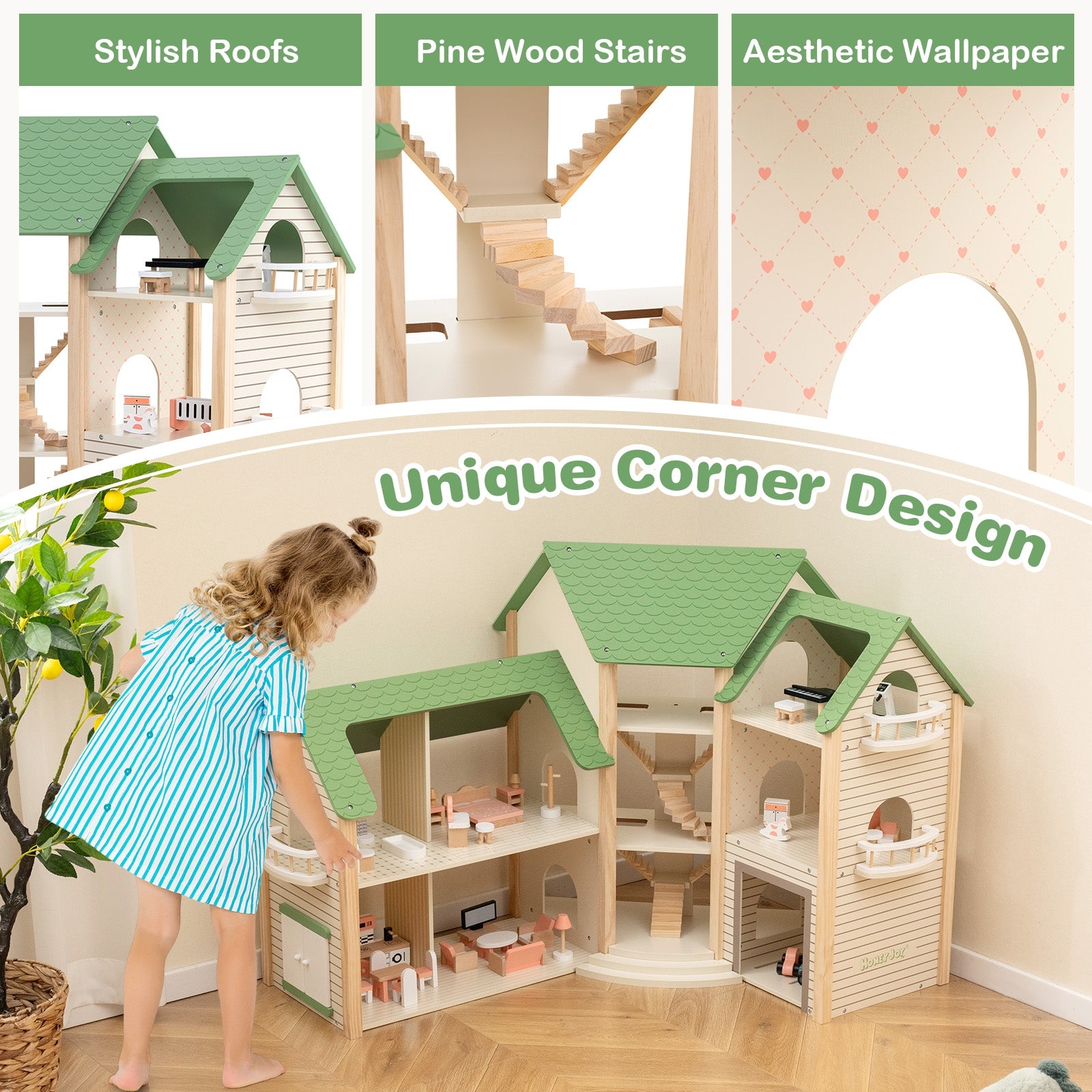 Wooden Corner Dollhouse Playset with 6 Rooms and 36 Pieces for Kids 3+ Years Old, Green Play Tents & Playhouse   at Gallery Canada