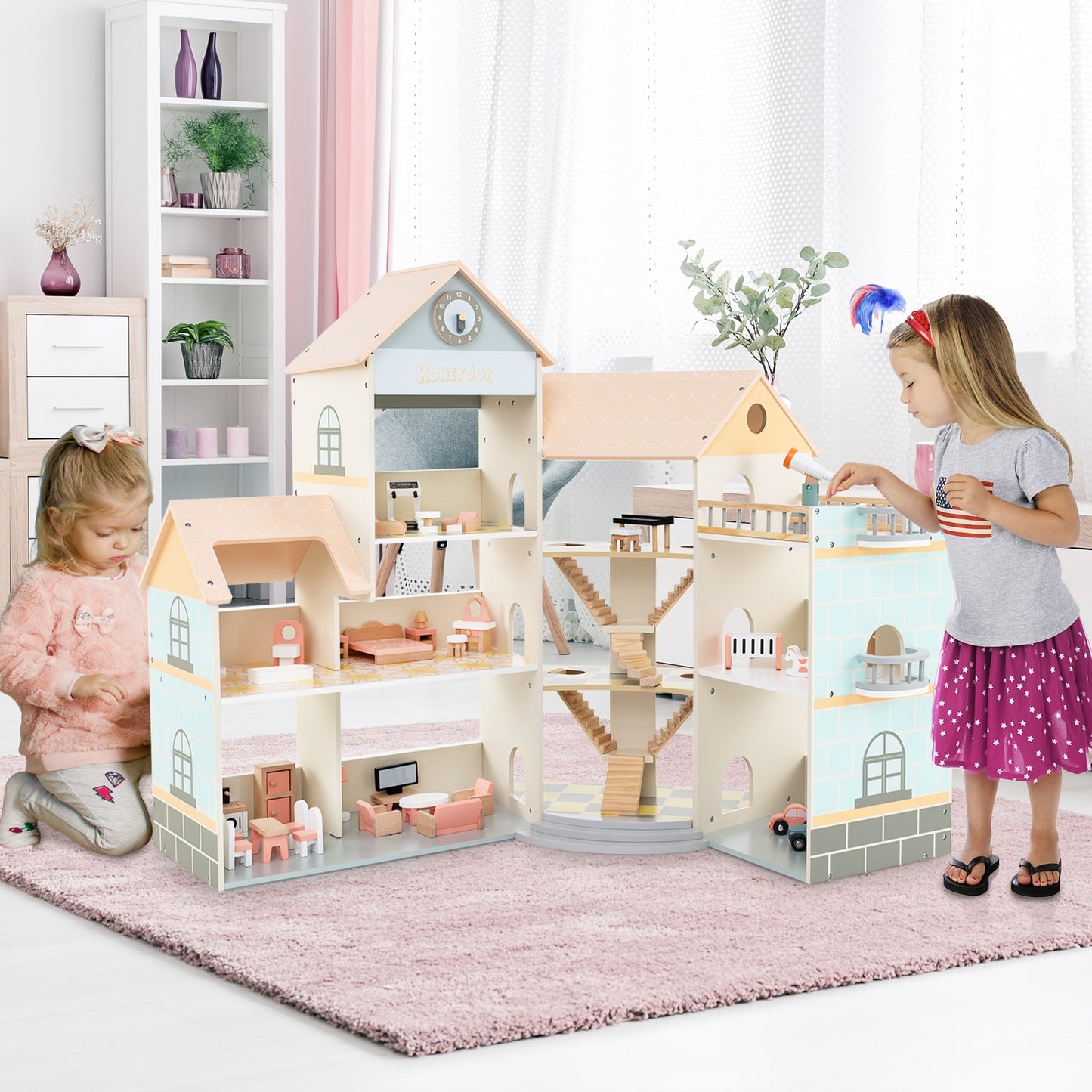 Wooden Corner Dollhouse Playset with 41 Pieces of Accessories for Kids 3+ Years Old, Orange Play Tents & Playhouse   at Gallery Canada