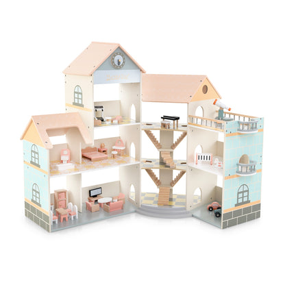 Wooden Corner Dollhouse Playset with 41 Pieces of Accessories for Kids 3+ Years Old, Orange Play Tents & Playhouse Orange  at Gallery Canada