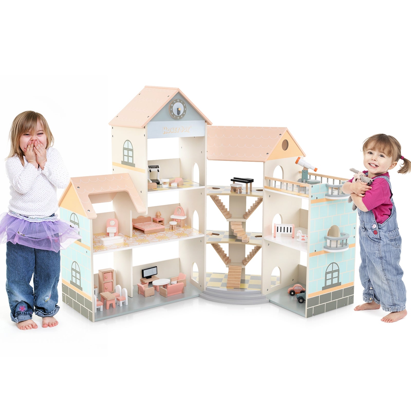 Wooden Corner Dollhouse Playset with 41 Pieces of Accessories for Kids 3+ Years Old, Orange Play Tents & Playhouse   at Gallery Canada