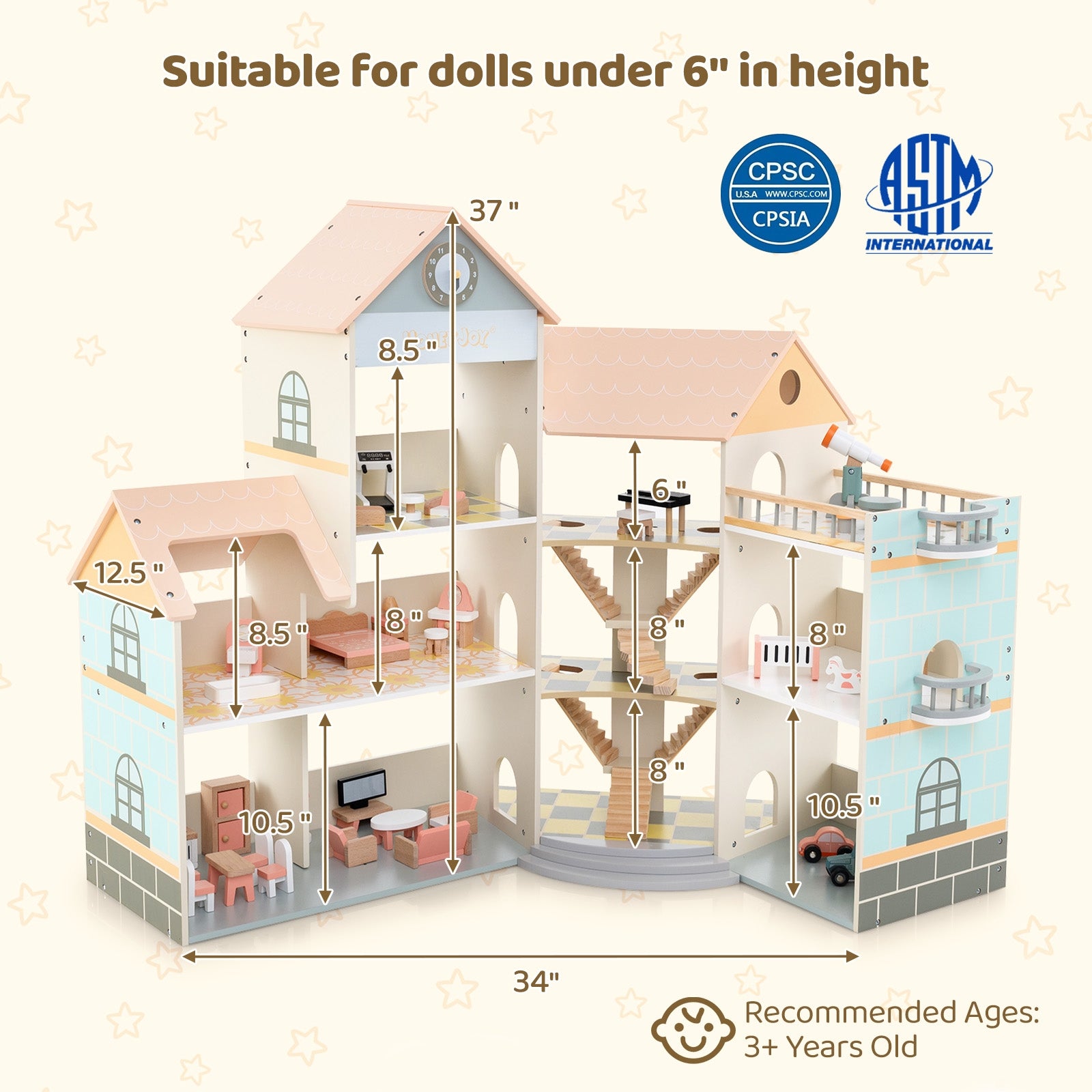 Wooden Corner Dollhouse Playset with 41 Pieces of Accessories for Kids 3+ Years Old, Orange Play Tents & Playhouse   at Gallery Canada