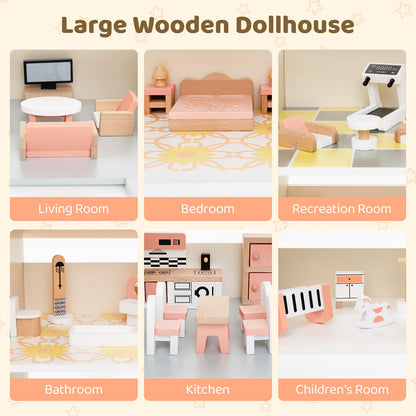 Wooden Corner Dollhouse Playset with 41 Pieces of Accessories for Kids 3+ Years Old, Orange Play Tents & Playhouse   at Gallery Canada