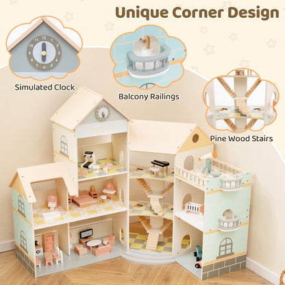 Wooden Corner Dollhouse Playset with 41 Pieces of Accessories for Kids 3+ Years Old, Orange Play Tents & Playhouse   at Gallery Canada