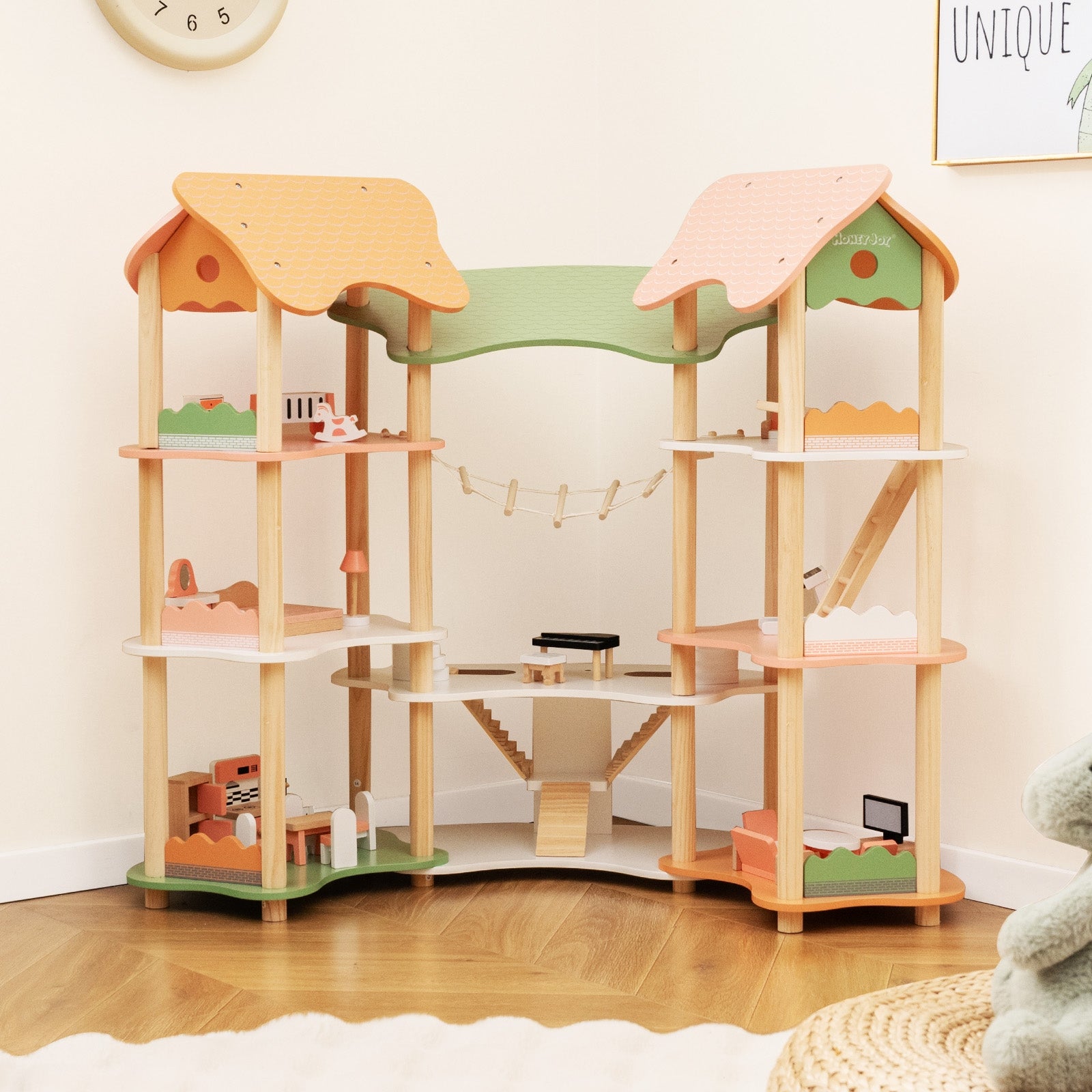 3-Tier Wooden Dollhouse for Kids Aged 3-8 Years Old with 32 Pieces of Accessories, Multicolor Play Tents & Playhouse   at Gallery Canada