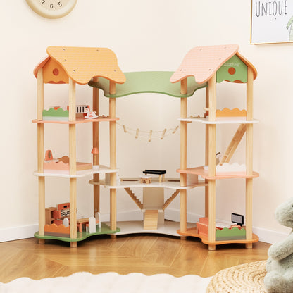 3-Tier Wooden Dollhouse for Kids Aged 3-8 Years Old with 32 Pieces of Accessories, Multicolor Play Tents & Playhouse   at Gallery Canada