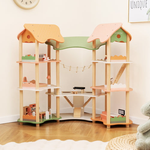 3-Tier Wooden Dollhouse for Kids Aged 3-8 Years Old with 32 Pieces of Accessories, Multicolor