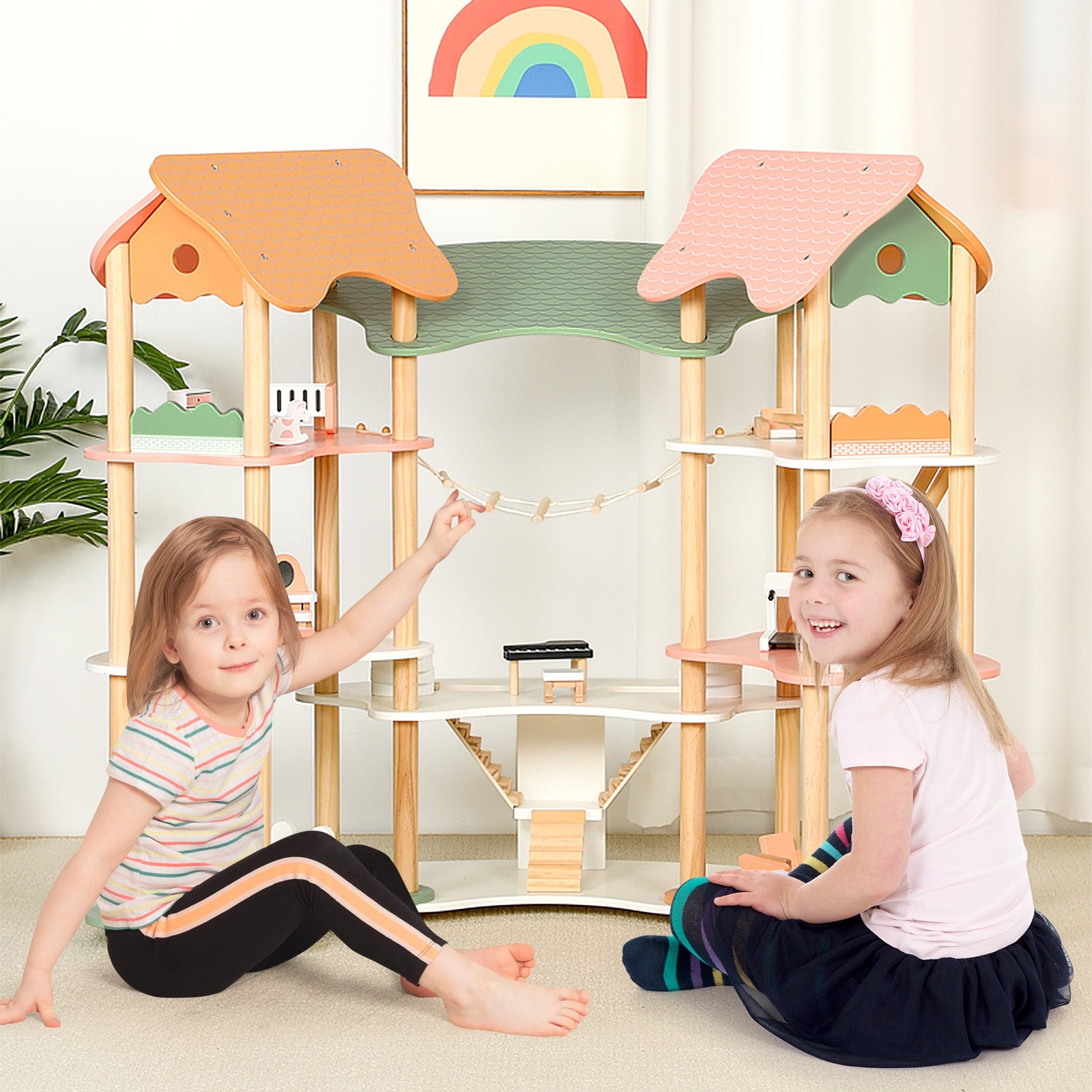 3-Tier Wooden Dollhouse for Kids Aged 3-8 Years Old with 32 Pieces of Accessories, Multicolor Play Tents & Playhouse   at Gallery Canada